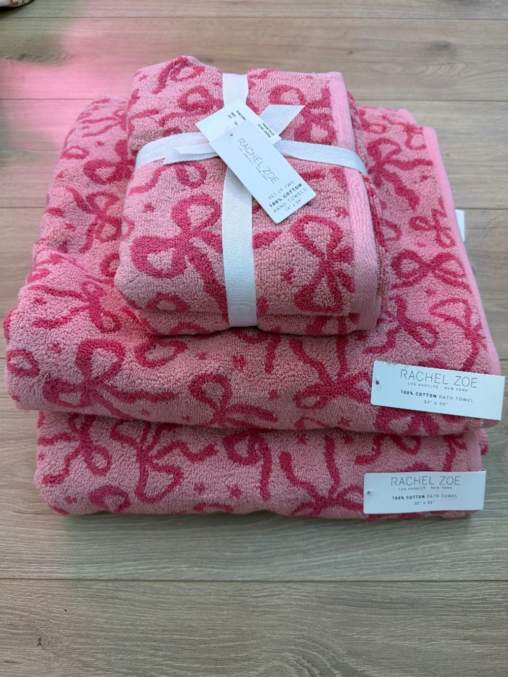 Pink bow bath towel with hand towels, Rachel Zoe